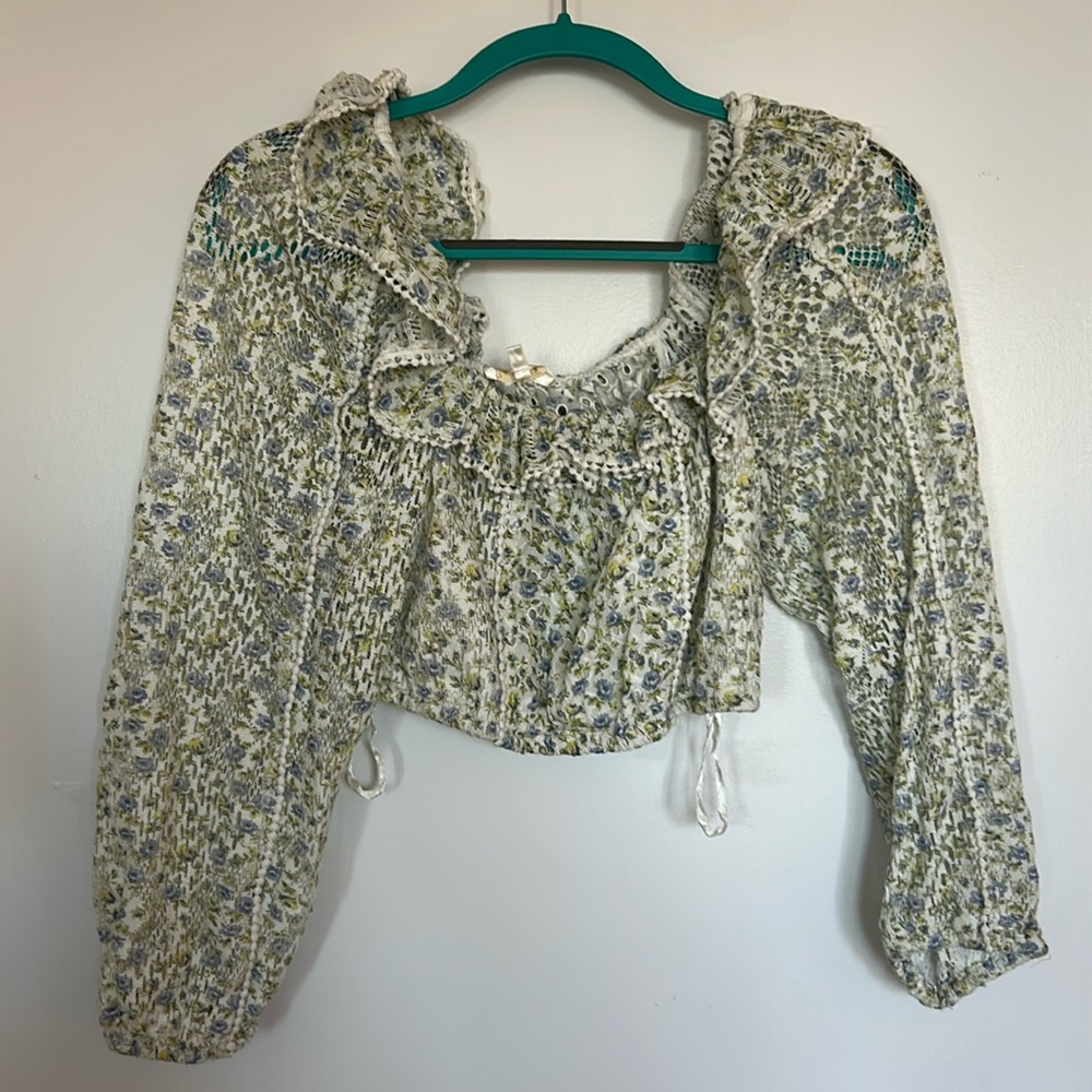 LoveShackFancy Floral Ruffle Crop Blouse in Green and Cream